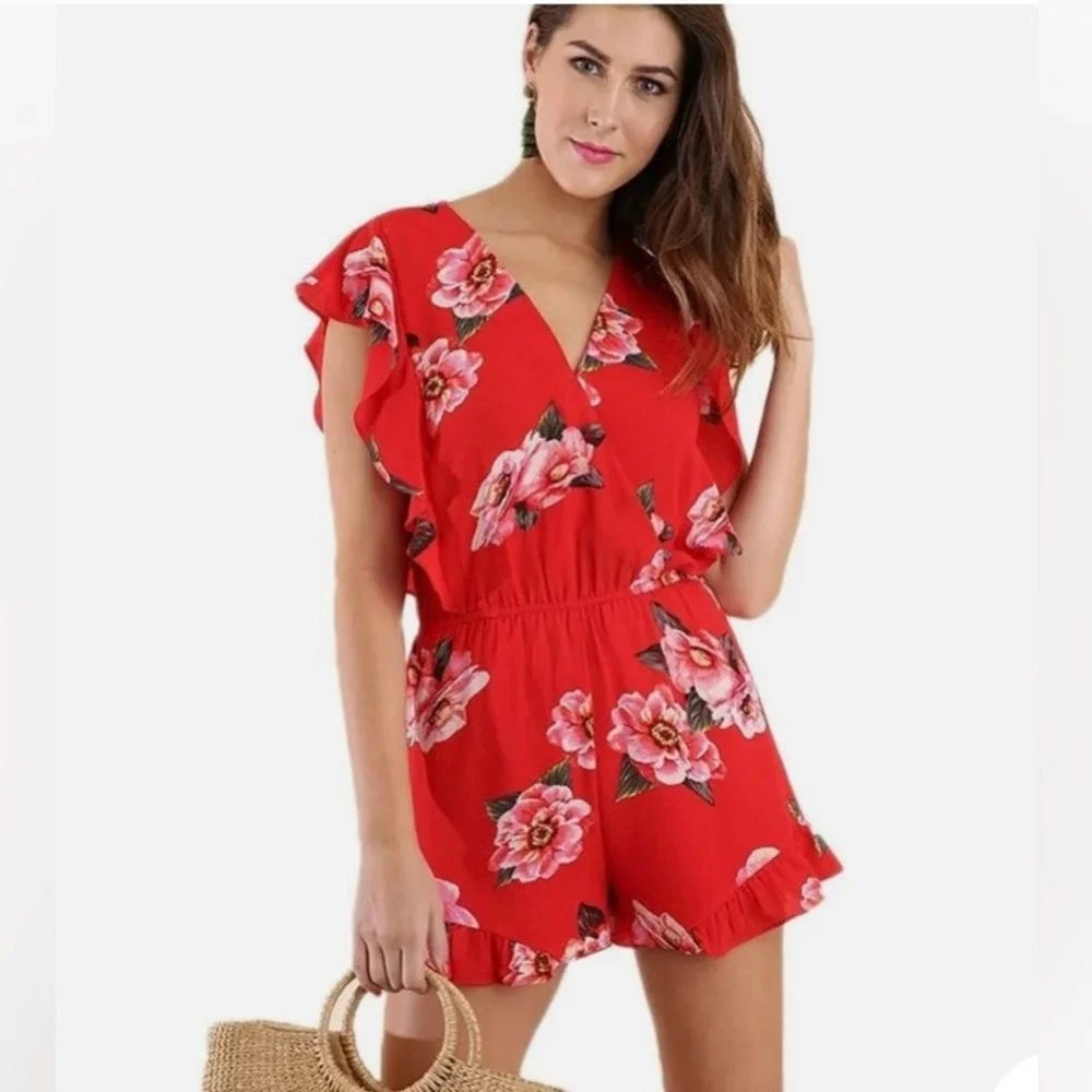 Umgee Floral Romper Red Ruffle Sleeve Surplice Boho Summer Womens‎ Large